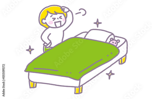 ベットメイキングの作業を完了して満足している人のイラスト（パステル）