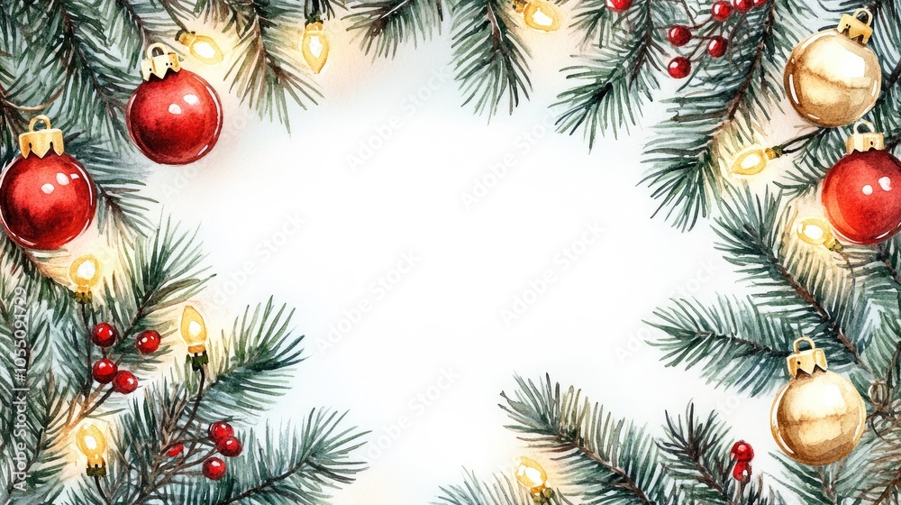Festive Christmas Border with Pine Branches, Red and Gold Ornaments, and Warm Lights on White Background Festive Christmas Border with Pine Branches, Red and Gold Ornaments, and Warm Lights on White Background