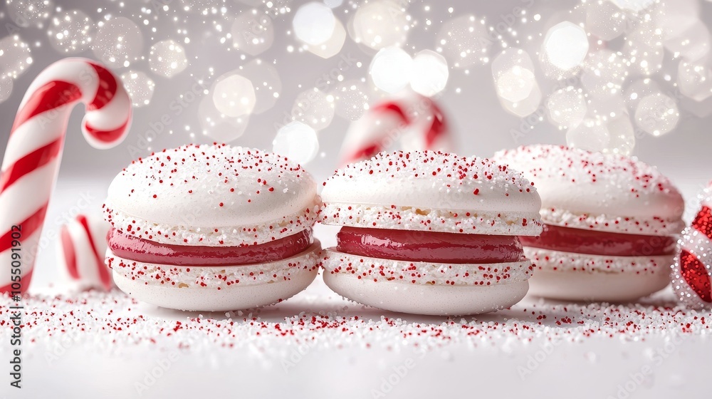 Close-up of vibrant Santa Claus macarons, surrounded by festive Christmas stockings and snowy pine branches, Merry Christmas and New Year concept