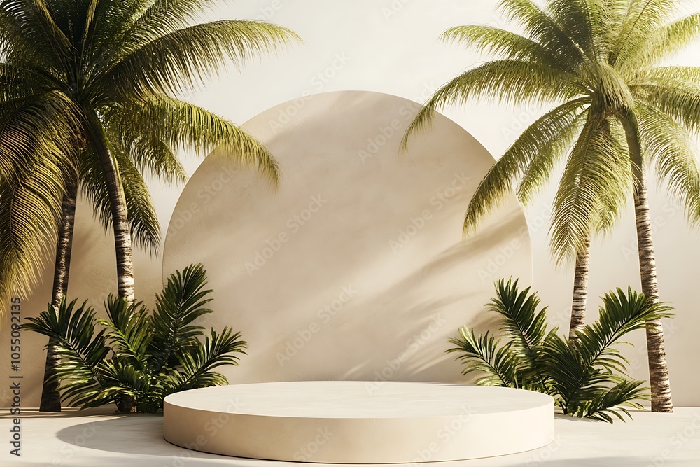 Obraz premium 3D podium with copy space for product display presentation on beach with blue sky and white clouds abstract background. Tropical summer and vacation concept. Graphic rendering illustration design.