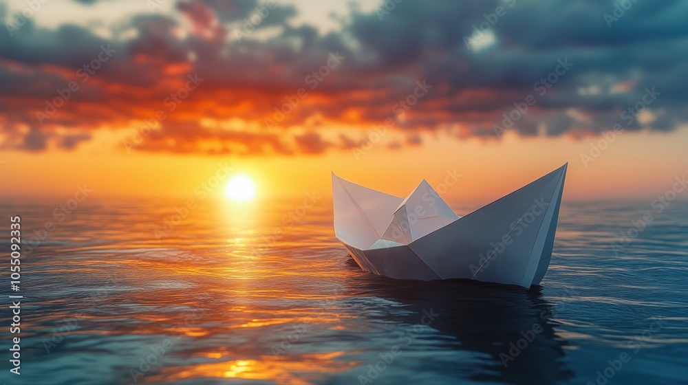 Obraz premium A paper boat floating on water at sunset, surrounded by colorful clouds and reflections.