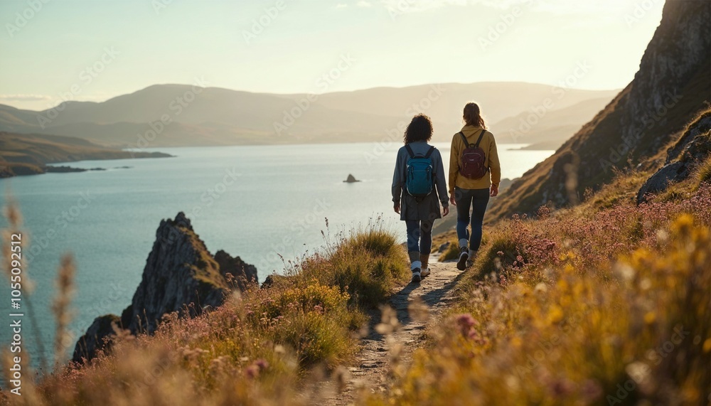 View of Loch Leathan showing two woman hiking together chatting and enjoying the scenery with wildflowers blooming amidst rocky outcrops in the afternoon sun in Portree Scotland View of Loch Leathan showing two woman hiking together chatting and enjoying the scenery with wildflowers blooming amidst rocky outcrops in the afternoon sun in Portree Scotland