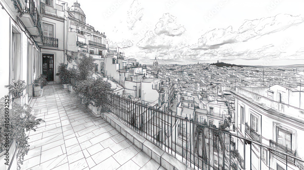 Naklejka premium A View from a Rooftop Balcony Overlooking a Cityscape