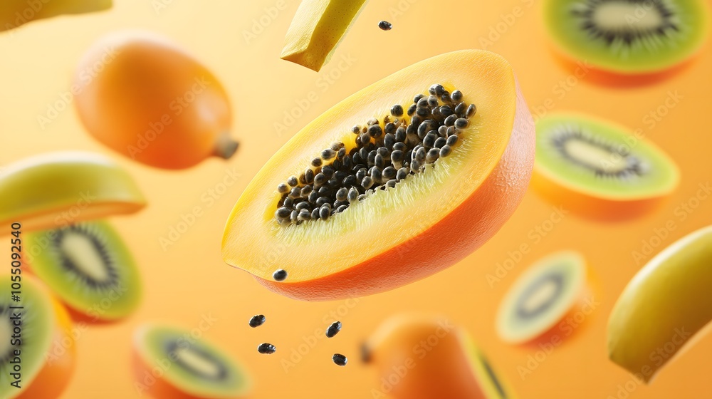 A set of tropical fruits like papayas and kiwis falling in mid-air with realistic textures A set of tropical fruits like papayas and kiwis falling in mid-air with realistic textures