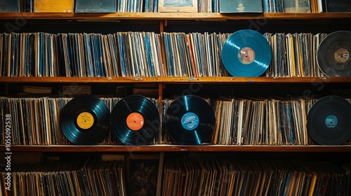 Wall full of old archive retro music records on the shelves.