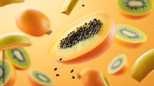 A set of tropical fruits like papayas and kiwis falling in mid-air with realistic textures photo