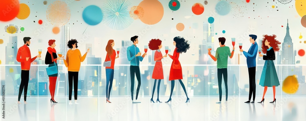 Obraz premium New Years Eve rooftop party with a view of the city, friends excitedly watching the countdown, flat design illustration