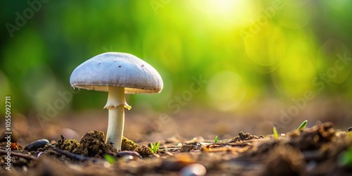 White mushroom growing on plantation from a tilted angle