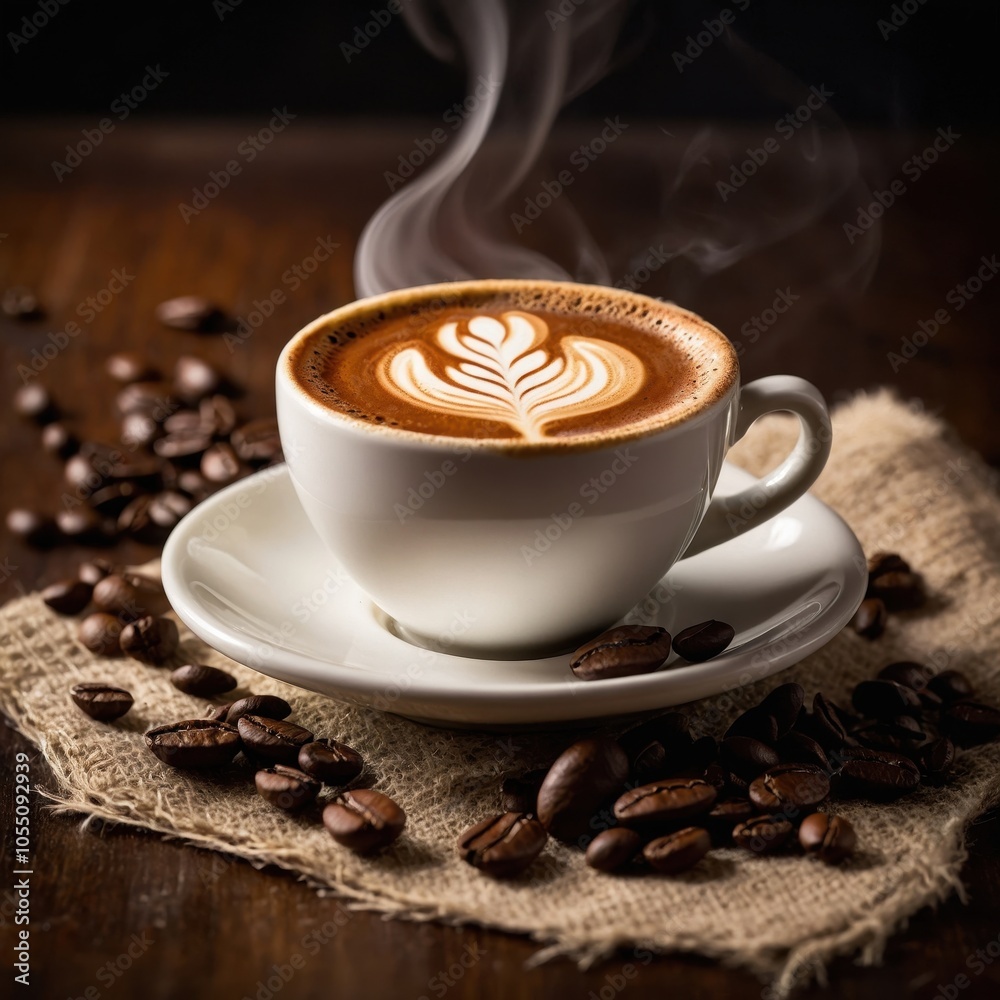 Obraz premium A steaming cup of specialty coffee sits on a wooden table, showcasing rich crema, inviting aroma, and artistic latte art, perfect for coffee lovers