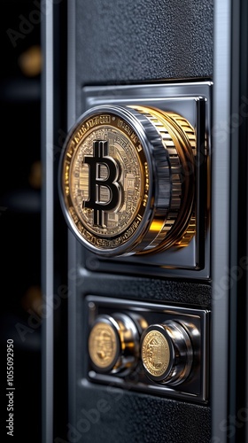 Close-up of a Bitcoin secure vault with shiny coins, modern digital currency concept, isolated on dark background. photo