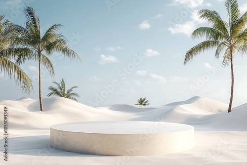 Table ba3D podium with copy space for product display presentation on beach with blue sky and white clouds abstract background. ckground and summer time photo