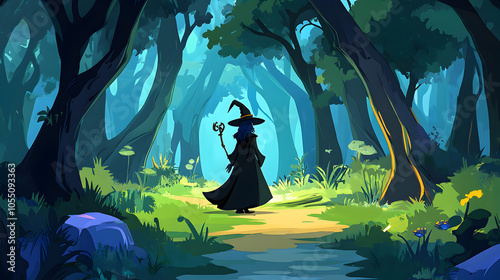 A witch in a black robe and a pointed hat walks through a mysterious forest.