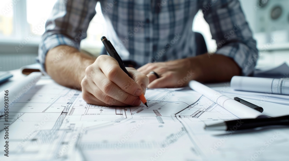 Architect Designing with Pencil on Blueprint Architect Designing with Pencil on Blueprint