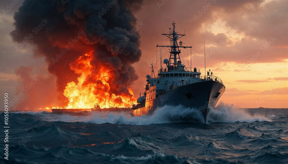 A ship navigates turbulent waters near a massive fire, embodying resilience amidst chaos.
A ship navigates turbulent waters near a massive fire, embodying resilience amidst chaos.