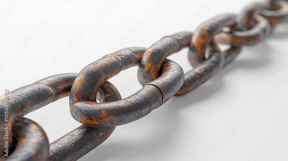 Fototapeta premium Rusty metal chain linked together on a white isolated background.