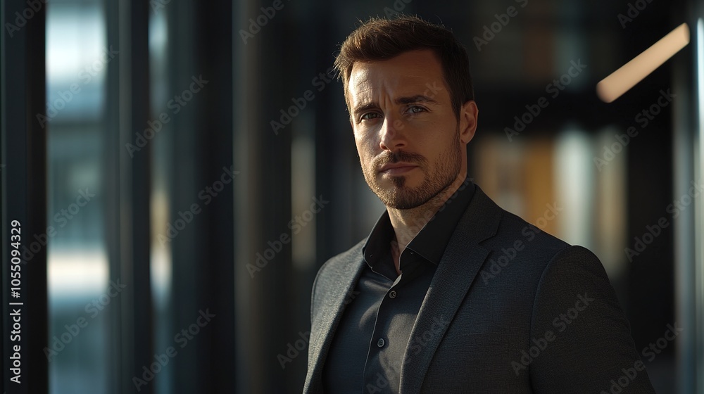 Fototapeta premium Professional Man in Stylish Suit Near Glass Windows