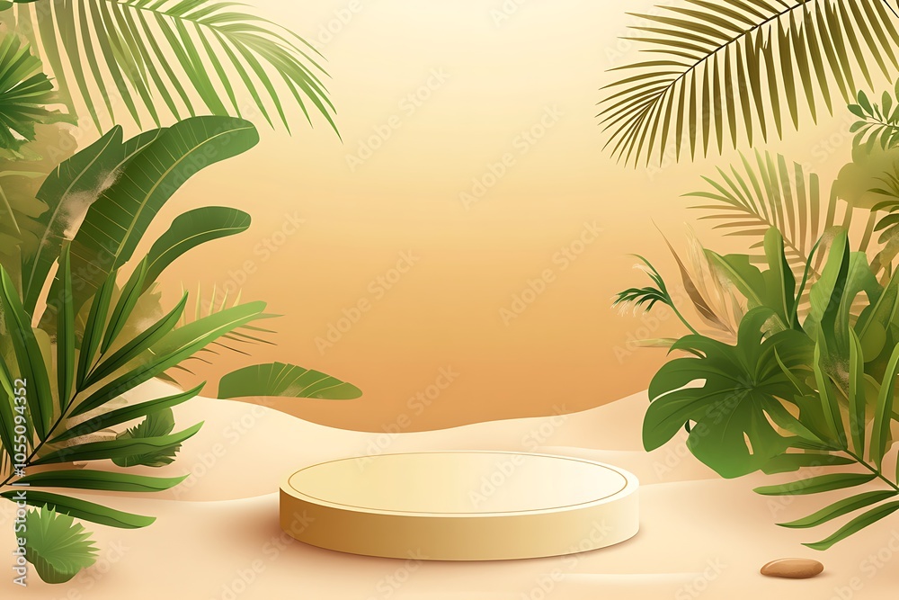 3d podium with copy space for product display presentation on palm beach and sunset sky abstract background. Tropical summer and vacation concept. Graphic art design. 3d podium with copy space for product display presentation on palm beach and sunset sky abstract background. Tropical summer and vacation concept. Graphic art design.