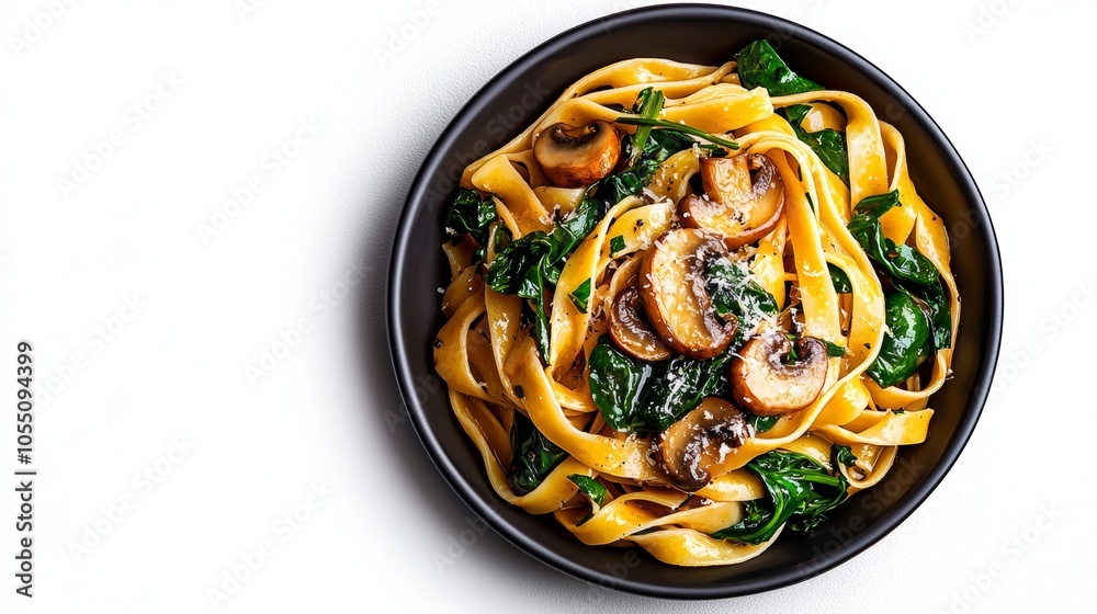Top view of gourmet pasta plate with sauteed mushrooms, spinach, and parmesan, artistic food styling, clean white background, perfect for advertising, elegant dish, food photography Top view of gourmet pasta plate with sauteed mushrooms, spinach, and parmesan, artistic food styling, clean white background, perfect for advertising, elegant dish, food photography