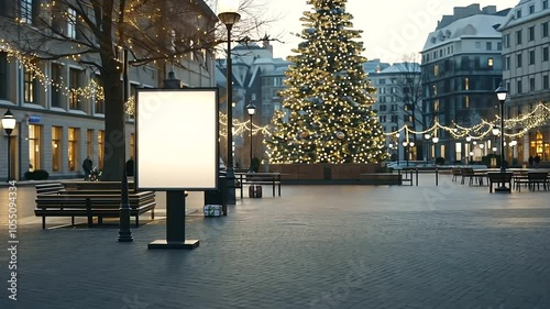 Billboard Near Christmas Tree in Snowy Town Square