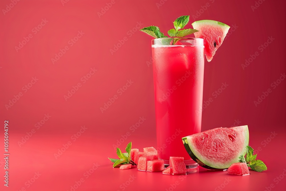 Refreshing watermelon drink with ice and mint leaves in a tall glass on a red background. Refreshing watermelon drink with ice and mint leaves in a tall glass on a red background.