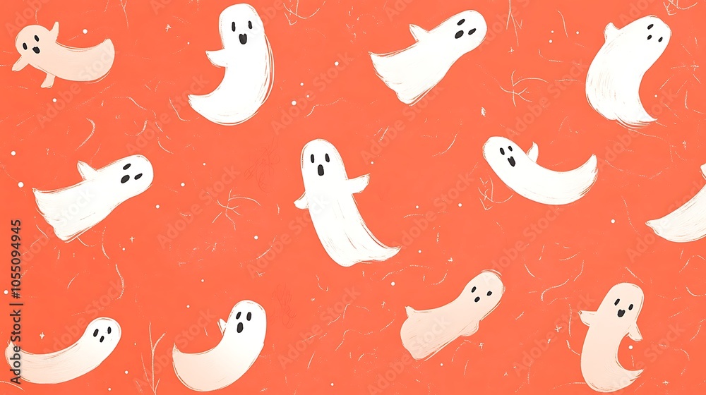 Halloween bright coral background with simple ghost outlines Halloween bright coral background with simple ghost outlines