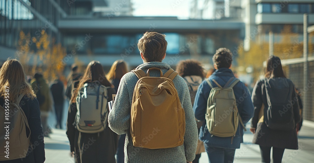 A group of multiethnic students walking towards the entrance to their university. A group of multiethnic students walking towards the entrance to their university.