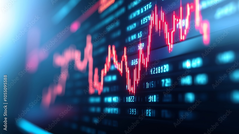 A futuristic stock market screen with virtual reality overlays, showing final stock performance for the year, techinspired, glowing numbers A futuristic stock market screen with virtual reality overlays, showing final stock performance for the year, techinspired, glowing numbers