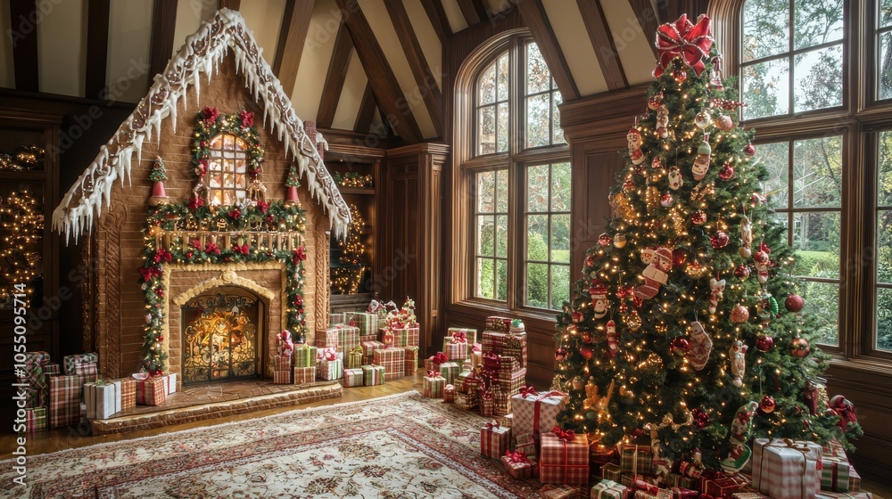 Fototapeta premium Festive Holiday Scene with Gingerbread House and Tree