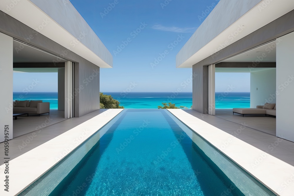Fototapeta premium Luxurious modern villa with infinity pool overlooking the ocean on a sunny day in a tropical paradise