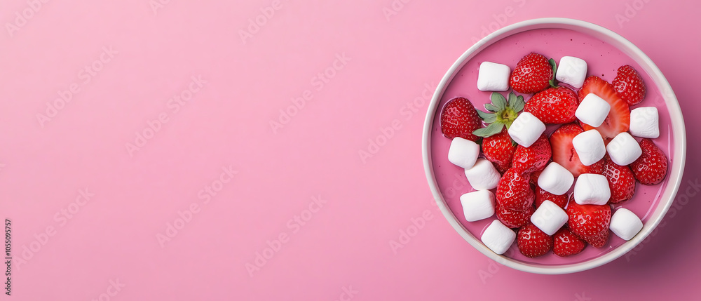 Delicious bowl of fresh strawberries and marshmallows on a pink surface, perfect for summer desserts and vibrant snack ideas. Delicious bowl of fresh strawberries and marshmallows on a pink surface, perfect for summer desserts and vibrant snack ideas.