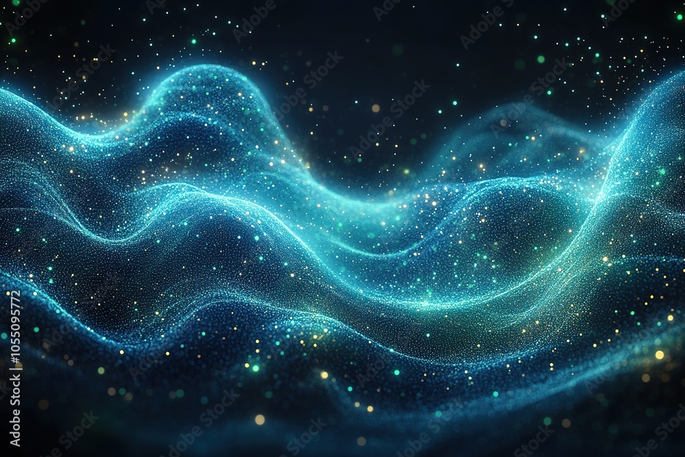 Abstract wave of glowing particles in dark blue and gold with depth of field. Abstract wave of glowing particles in dark blue and gold with depth of field.