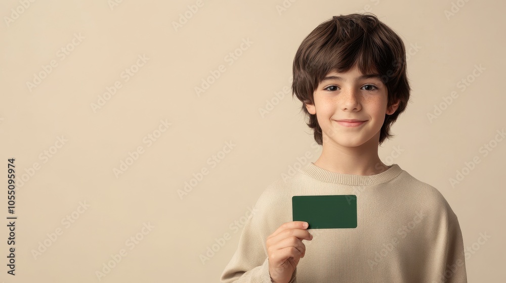A cheerful teenage boy proudly displays a green credit card with a soft smile A cheerful teenage boy proudly displays a green credit card with a soft smile
