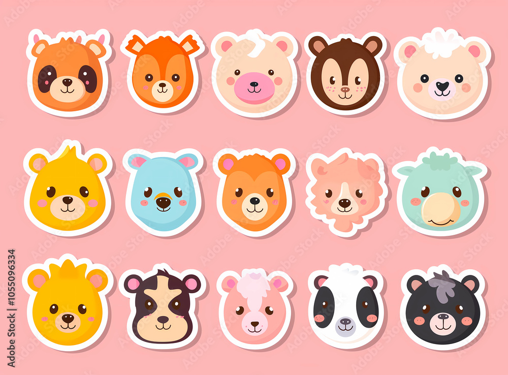 Cute illustrated animal faces on a playful pink background perfect for children's decor Cute illustrated animal faces on a playful pink background perfect for children's decor