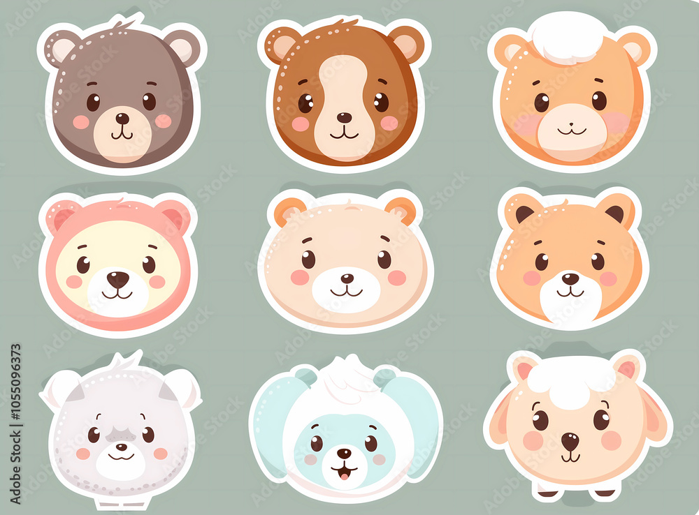 Cute cartoon animals' faces in pastel colors celebrating friendship and fun moments Cute cartoon animals' faces in pastel colors celebrating friendship and fun moments