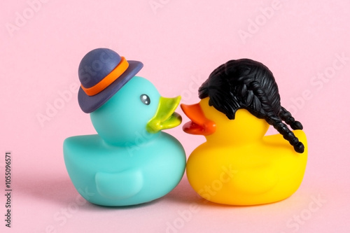 Two rubber ducks  are kissing on pink background.