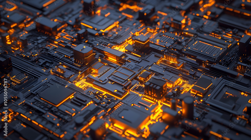 Abstract 3D rendering of a futuristic circuit board with glowing orange lights. Abstract 3D rendering of a futuristic circuit board with glowing orange lights.