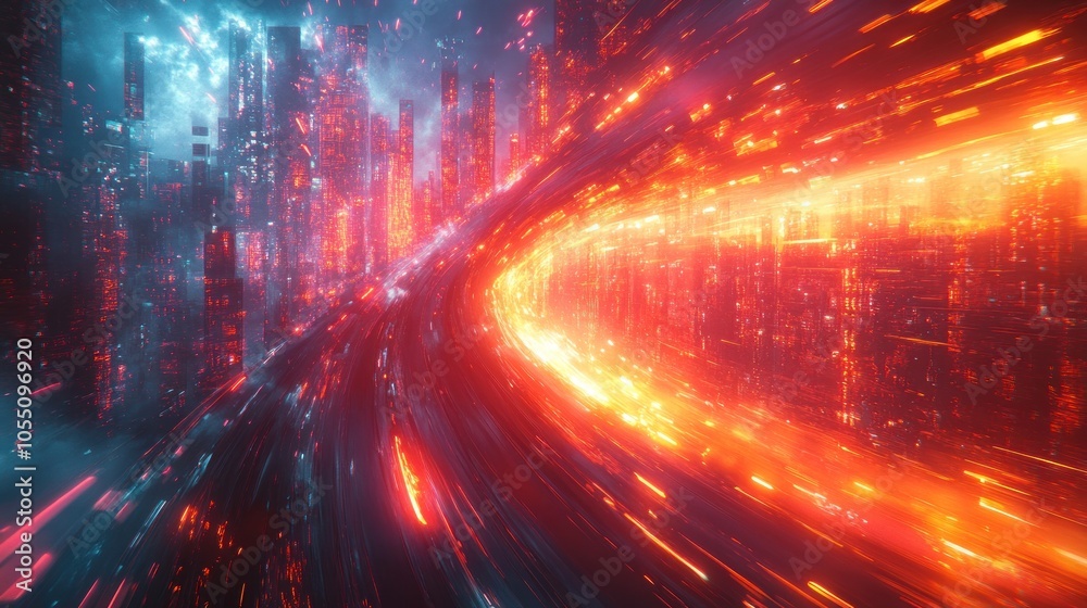 Abstract digital landscape with vibrant light trails and structures. Abstract digital landscape with vibrant light trails and structures.