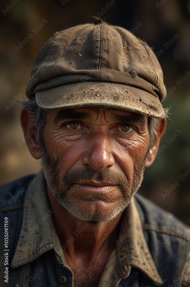 A farmer, with his hat, tired expression and dusty face shows that he has finished farming and is resting. A farmer, with his hat, tired expression and dusty face shows that he has finished farming and is resting.