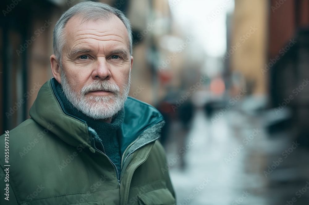 Elderly man with a serious expression in an outdoor city environment, dressed warmly. His look conveys experience, resilience, and introspective qualities in a modern setting. Elderly man with a serious expression in an outdoor city environment, dressed warmly. His look conveys experience, resilience, and introspective qualities in a modern setting.