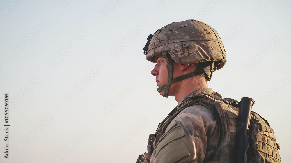 Profile of a soldier in full gear looking out into the distance, representing courage, duty, and readiness in a solemn, atmospheric landscape. Profile of a soldier in full gear looking out into the distance, representing courage, duty, and readiness in a solemn, atmospheric landscape.
