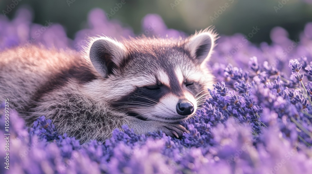 small raccoon lying on a field of lavender with closed eyes in bright daylight