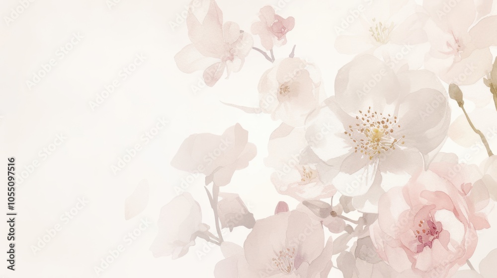 White and pink flowers softly blending into a watercolor background with blurred edges, isolated on white for postcards, banners White and pink flowers softly blending into a watercolor background with blurred edges, isolated on white for postcards, banners