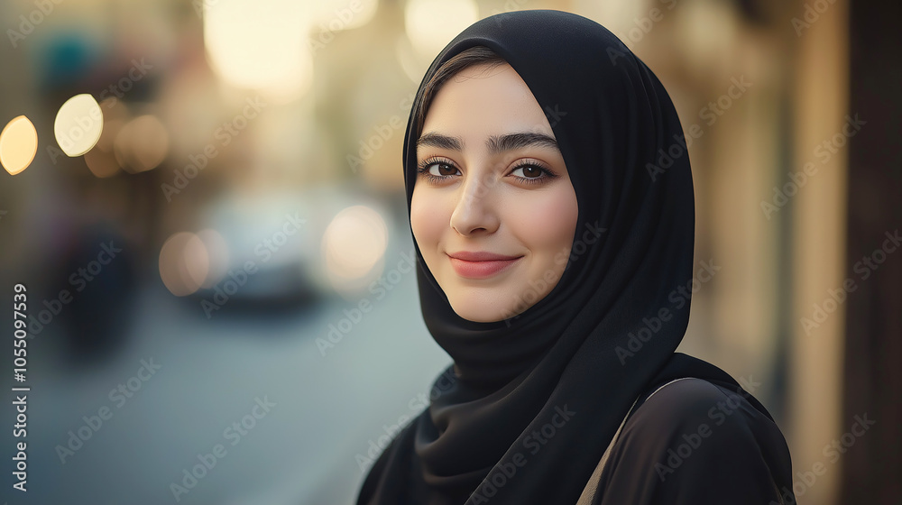Young woman wearing a hijab in an urban setting, looking peacefully at the camera, exuding calm and confidence in her cultural attire. Young woman wearing a hijab in an urban setting, looking peacefully at the camera, exuding calm and confidence in her cultural attire.