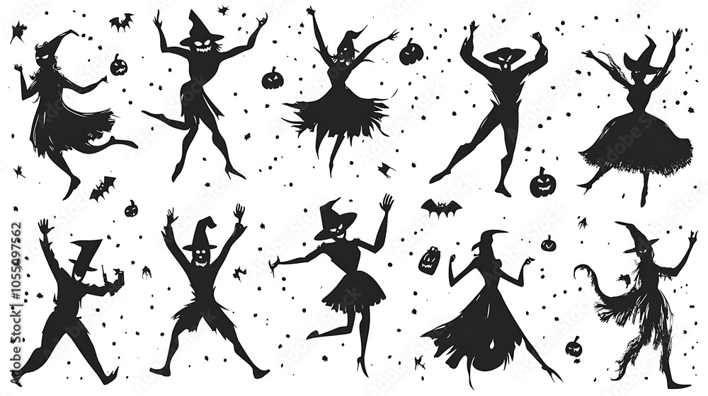 Halloween lively silhouette patterns with dancing characters Halloween lively silhouette patterns with dancing characters