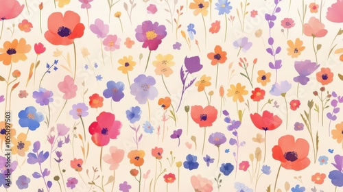 Pattern of colorful meadow flowers with soft watercolor strokes, isolated on a light background for postcards, banners
