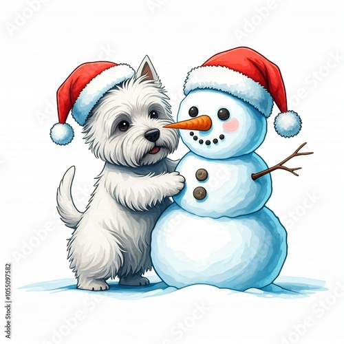 West Highland White Terrier Making a Snowman, Santa Hat, Cartoon Watercolor Illustration