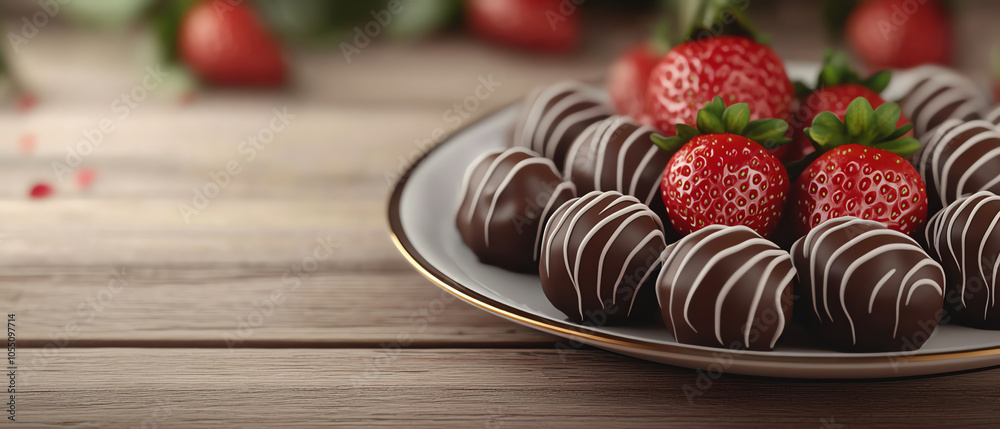 Delicious plate of chocolate-covered strawberries with a rustic wooden background, perfect for dessert lovers and sweet treat enthusiasts.