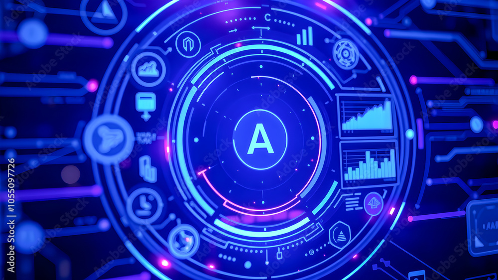 Obraz premium Abstract blue background with glowing HUD elements. Artificial intelligence concept. 3D Rendering