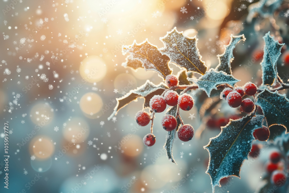 A close-up photograph of a branch of a holiday plant, possibly mistletoe, adorned with red berries and green leaves, set against a blurred background of falling snowflakes A close-up photograph of a branch of a holiday plant, possibly mistletoe, adorned with red berries and green leaves, set against a blurred background of falling snowflakes