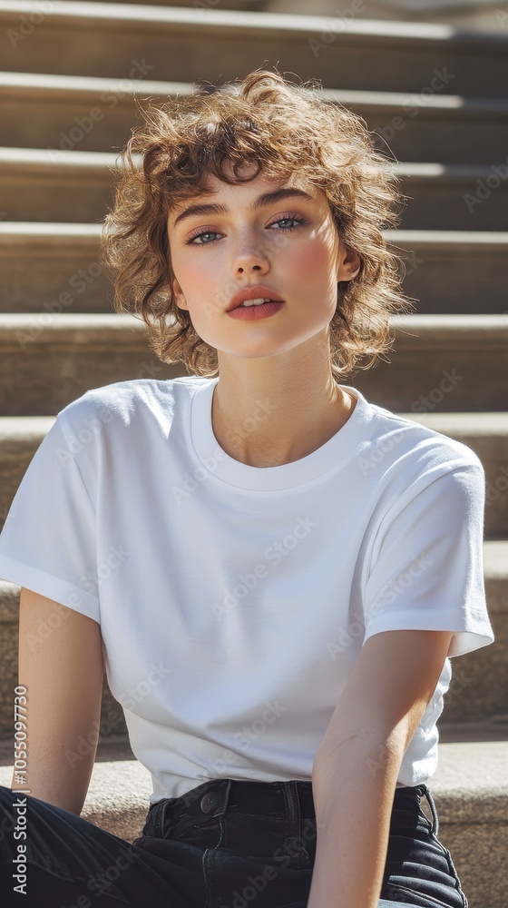 A model poses casually in a plain white T-shirt while seated on urban steps in the afternoon sun A model poses casually in a plain white T-shirt while seated on urban steps in the afternoon sun